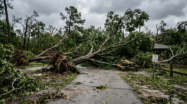 Storm Damaged Trees Blocking Residential Roadway.