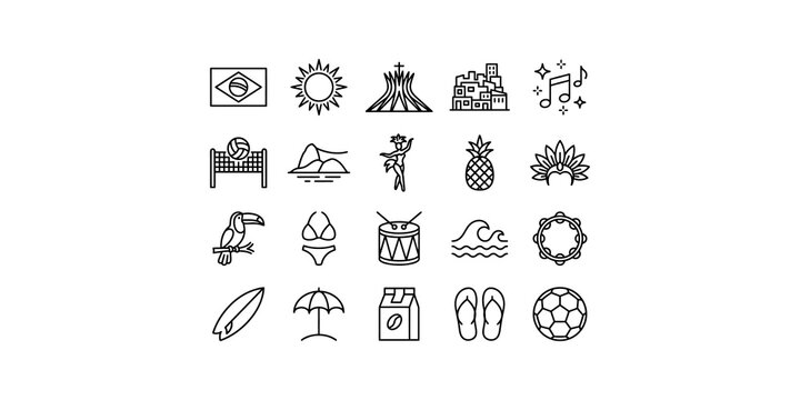 Collection of Brazilian cultural icons including flag soccer beach elements for travel tourism design on transparent background.