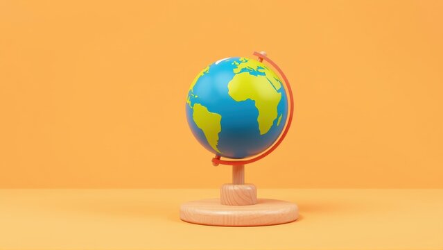 Small globe sits upon wooden stand. Orange backdrop creates simple, clean presentation. Earths continents visible.