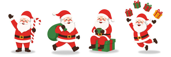 Fototapeta premium Set of cute cartoon Santa Claus characters in various poses with candy cane, gift bag, cup, and floating presents isolated on a white background.