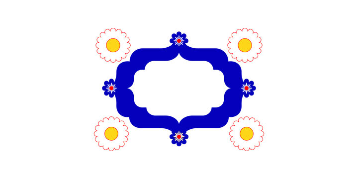Decorative blue frame with floral patterns and yellow circles for greeting cards and festive invitations.