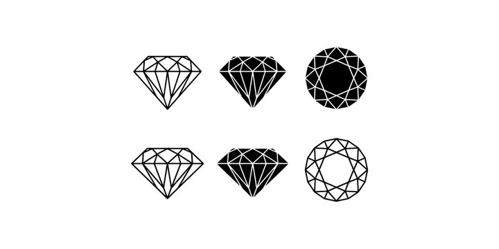 Diamond jewelry icon set featuring various brilliant cut gemstone shapes for luxury fashion brand design.
