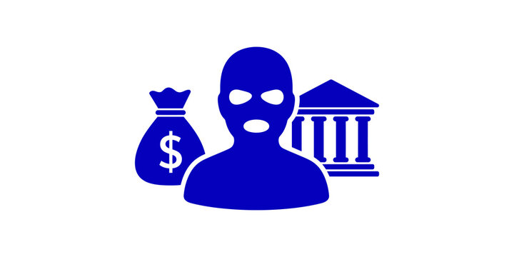 Bank robber icon in blue color with money bag and courthouse building for financial crime concept design.