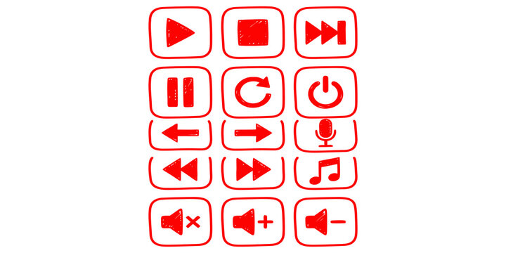 Red hand drawn media player button icons set with play pause and volume control for interface designing.