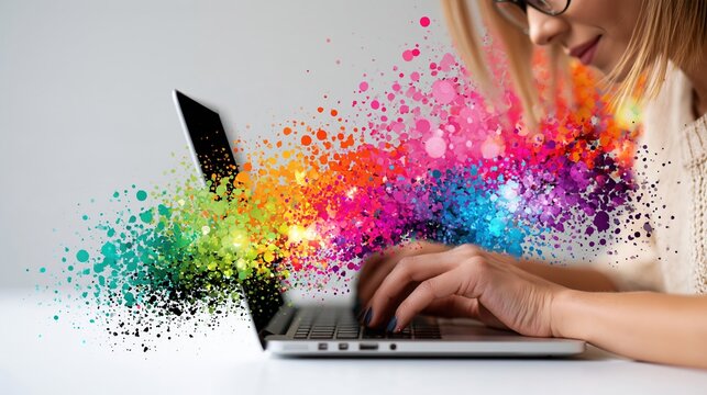 Content creator typing on laptop with vibrant abstract colors emerging