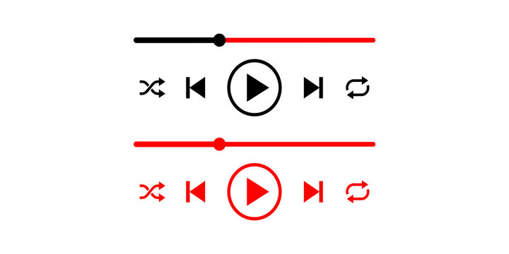 Black and red music player interface set with progress bar and playback navigation buttons for mobile app.