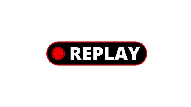 Red replay button icon with circular symbol and text animation on white background 4K