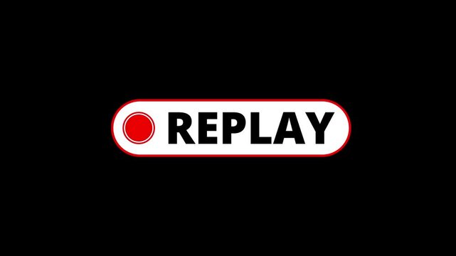 Replay button icon animation with red circular symbol and replay text on black background 4K