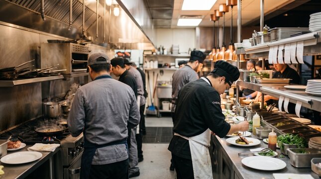 Professional chefs working together in a busy restaurant kitchen preparing food for customers.