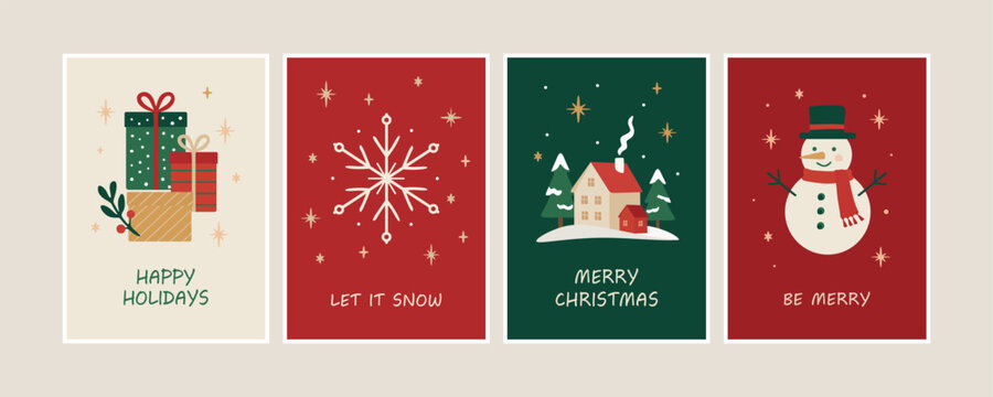 Four Christmas greeting cards with gifts, snowflake, winter house and snowman, flat design illustrations with festive text, holiday greeting set for seasonal celebrations and winter holidays.