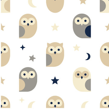 Cute owls and stars seamless pattern