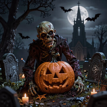 Celtic Art Church Dark. Spooky Halloween Concept: Pumpkin Zombie Rising From Dark Cemetery With Full Moon, Bats On Trees