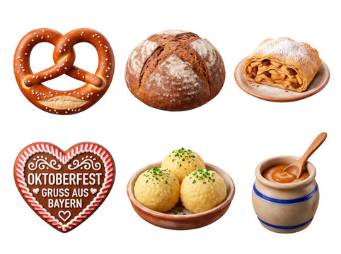 Oktoberfest food assortment featuring pretzel, bread, apple strudel, gingerbread heart, potato dumplings, and sauce PNG Isolated on transparent background