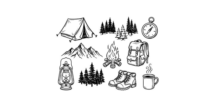 Vintage style outdoor adventure icons with camping tent mountain range campfire boots backpack and compass.