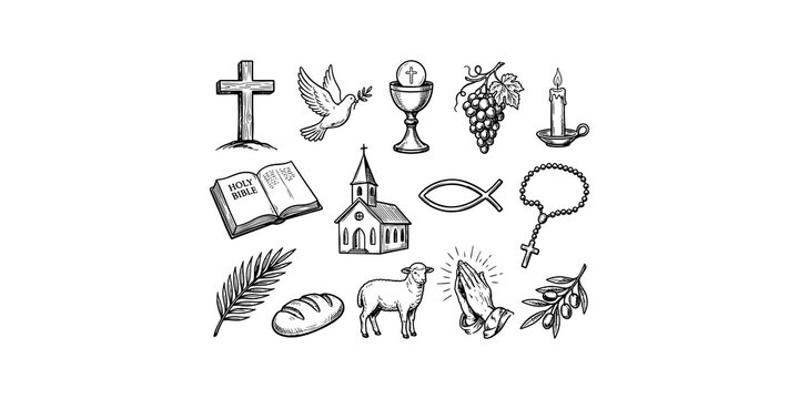 A collection of various hand-drawn christian religious symbols and objects in an ink sketch style.