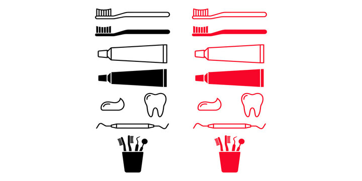 Dental hygiene icons set with black and red toothbrushes toothpaste and medical tools for oral healthcare.