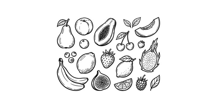 Healthy organic fresh fruits hand drawn line art collection with pear papaya banana lemon and berries.
