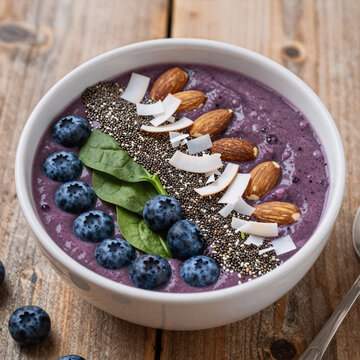 Holographic Blueberry One. Rustic Wood Bowl Holding A Healthy Blueberry Smoothie With Added Superfoods