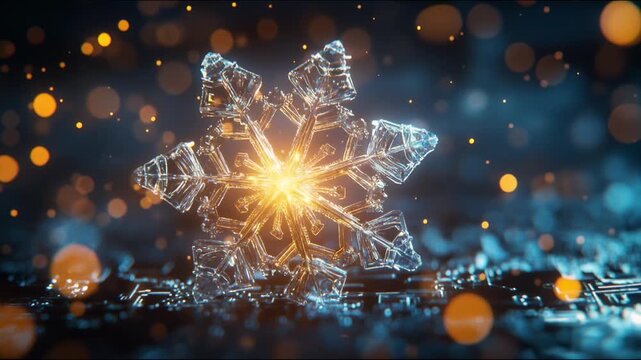 Futuristic Crystal Snowflake with Pulsing Golden Core on Electronic Circuit Board Background