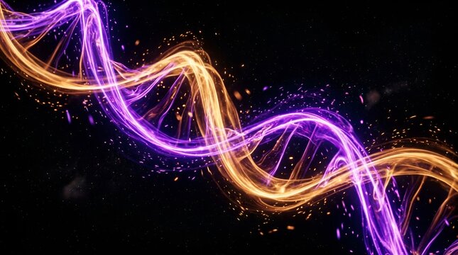 Glowing DNA double helix with purple and gold light trails, abstract genetic strand on black background, futuristic biotechnology and medical science concept