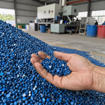 Traditional Chinese Painting Production Pile. Worker Handling Blue Plastic Granules At A Recycling Factory'S Storage During The Masterbatch Dye Polymer Production Process