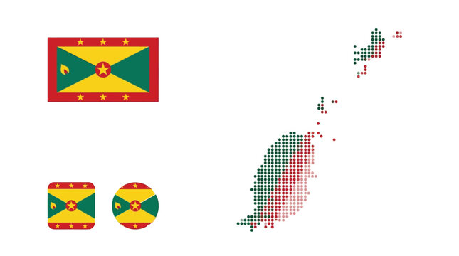 Grenada country map illustrated with vibrant digital dots alongside official national flag icons on clean light white textured paper background