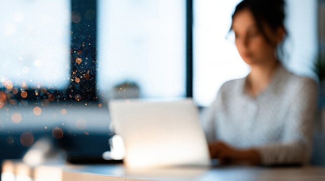 Professional working remotely at laptop in bright home office with digital connection effect