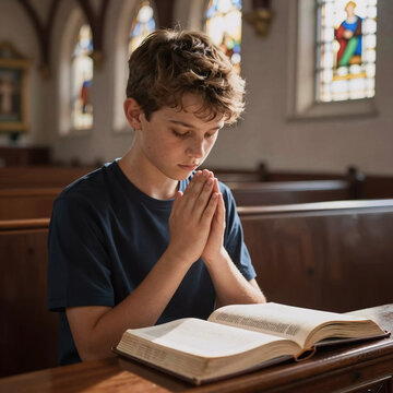 Matte Painting Church Pew. A Teenage Boy In Prayer With Folded Hands Over A Holy Bible In A Church Setting, Symbolizing Faith, Spirituality, And Religion