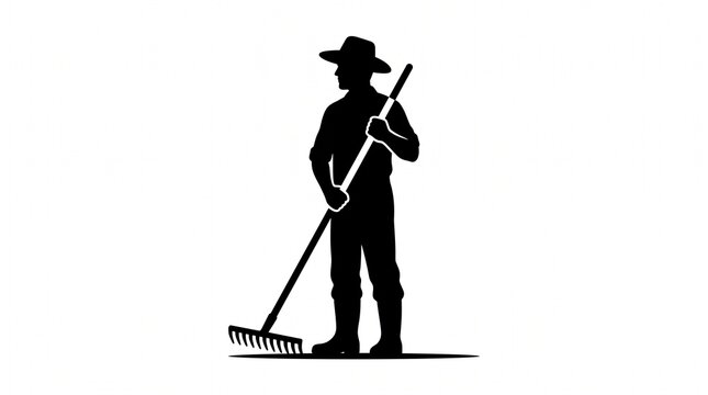Farmer with Rake Silhouette: A striking black silhouette of a farmer wearing a wide-brimmed hat stands proudly, holding a rake, symbolizing hard work and connection to the land.
