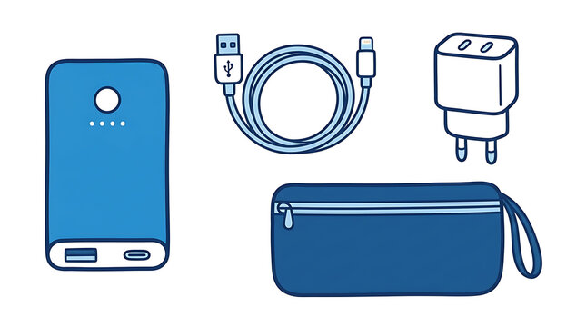 Set of blue technology accessories including power bank cable and charger