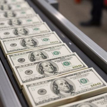 Sketch Conveyor Offer. Conveyor Belt Carrying Piles Of Hundred-Dollar Bills
