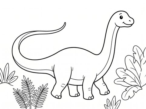 Cute dinosaur coloring page featuring long neck sauropod in prehistoric jungle.