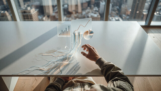 Hand reaches toward floating holographic charts above a desk in a high rise office. Bright sunlight casts long diagonal shadows across the white tabletop against an urban skyline background.