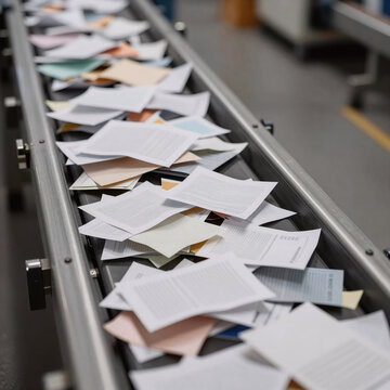 Character Concept Conveyor Indoors. Image Of Waste Paper On A Conveyor Belt