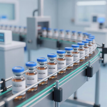 Horror Conveyor 3D. Close-Up 3D Render Of A Modern Pharmaceutical Factory, Highlighting Conveyor Filling Ampules With Vaccine In Blue Caps Within A Medical Wallpaper Setting