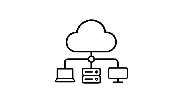 Cloud network infrastructure icon connecting devices and server units.