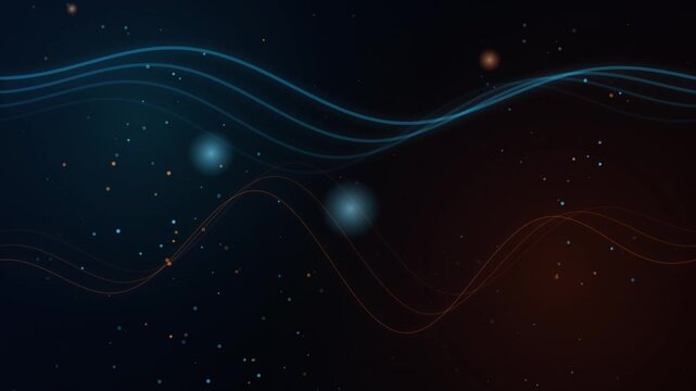 Futuristic glowing blue and orange digital wave lines with shimmering particles on a dark background