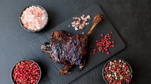 Duck leg confit roasted with salt and allspice. Duck leg confit