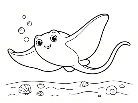 Happy cartoon stingray swimming underwater with bubbles and shells.