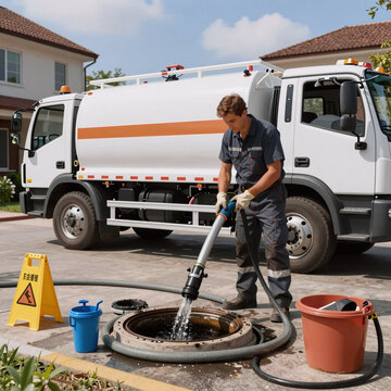 Grunge Tank Empty. Septic Tank Drain And Sewage Cleaning Service In Action