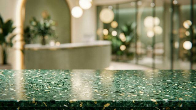Dark Walnut Wood Tabletop on High End Botanical Rooftop Bar with Green Foliage Blur Luxury City