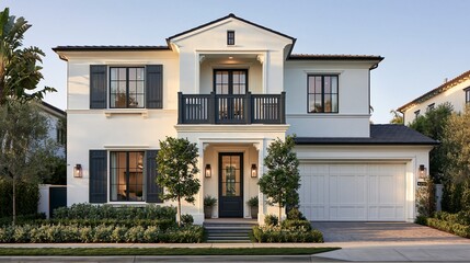 Fototapeta premium Modern luxury two story residential home exterior with white walls and balco