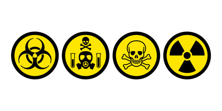 Hazardous warning signs set, biohazard and radioactive symbols, toxic skull and gas mask icons, yellow and black safety labels for industrial use