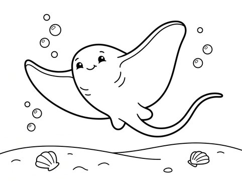 Playful cartoon stingray with bubbles in ocean floor scene.