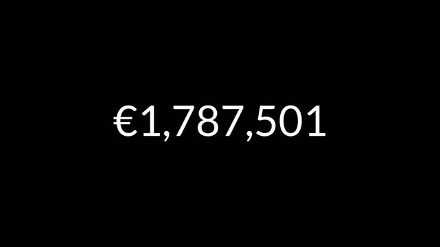 euro currency number counter animation from zero to five million on black background, 5,000,000 euro money number counter animation in 4k.
