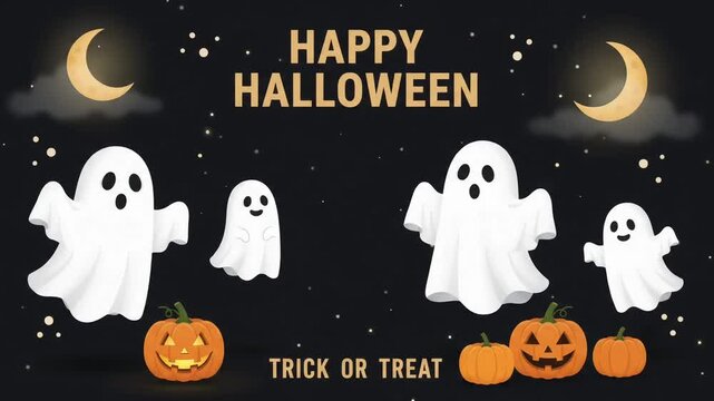 Playful group of cute floating ghosts and glowing Jack-o'-lanterns beneath crescent moons with Happy Halloween greeting text in a dark animated video background
