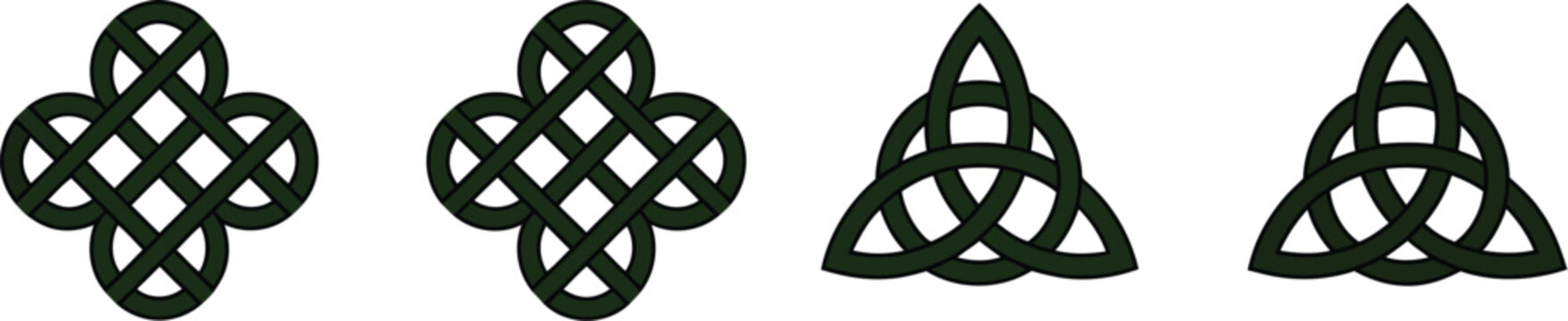Celtic knot symbol set featuring triquetra and bowen knot dark green geometric interlace ornaments vector illustration graphic elements.