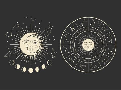 Vintage Celestial Astrology Set with Sun Moon Phases and Zodiac Wheel Chart. Mystical Occult Illustration with Star Constellations and Esoteric Symbols.