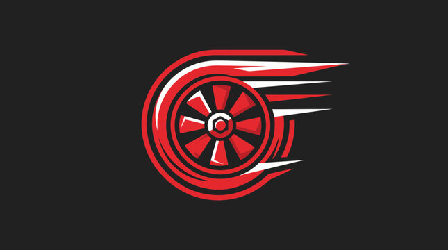 A stylized red turbine with white accents on a dark background, symbolizing speed and power