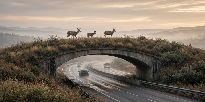 Deer crossing an ecoduct overpass above a highway with traffic. Wildlife bridge infrastructure for animal migration and nature conservation concept